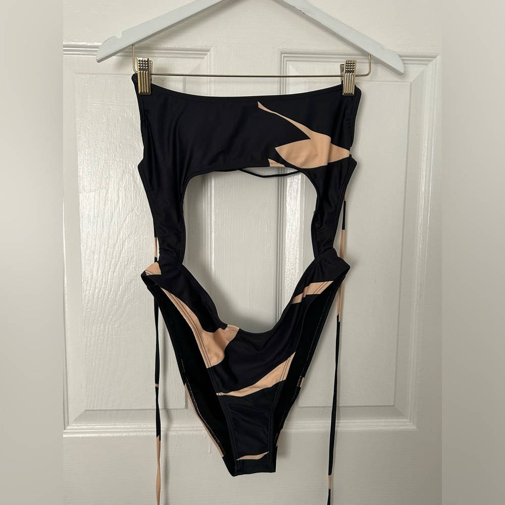 Sleek Black & Nude Cutout One-Piece Swim Suit